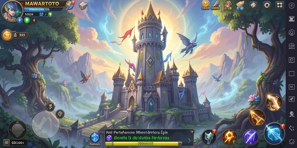Tangkapan layar gameplay MAWARTOTO yang menunjukkan serangan strategis dan menara pertahanan.
