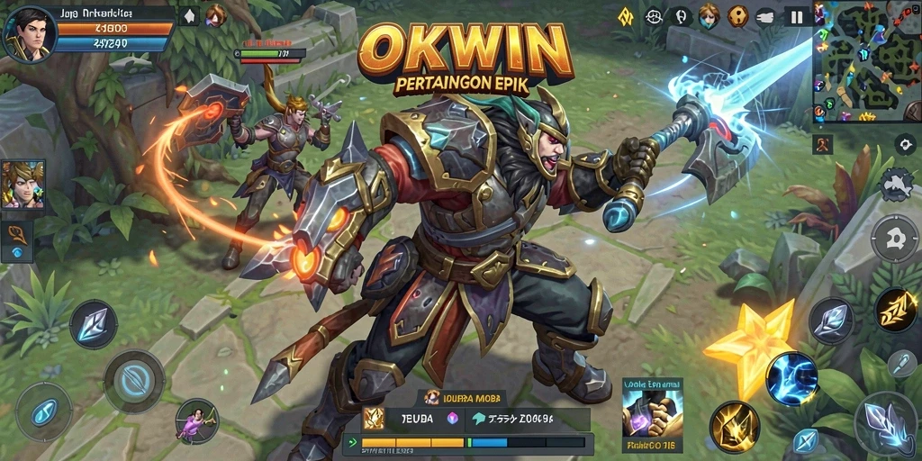 Tampilan seru gameplay MOBA yang menegangkan di OKWIN.