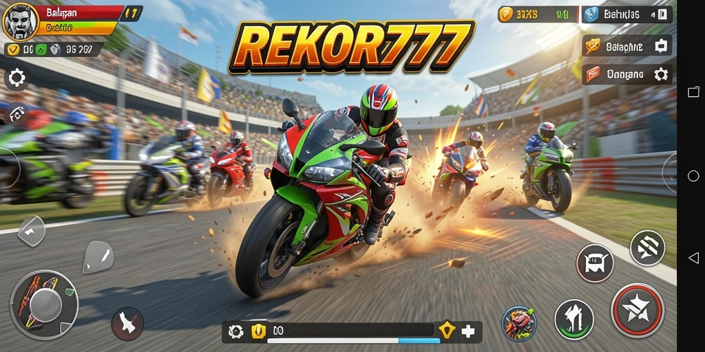 Tampilan gameplay seru dari REKOR777 saat balapan motor.